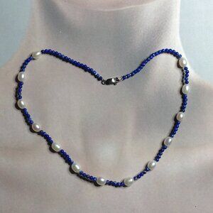 3mm Lapis Lazuli Beads and Freshwater Pearls Necklace.